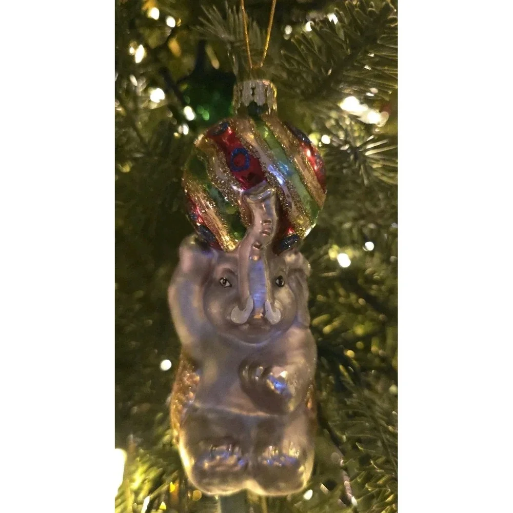 VTG‎ Lot Of 2 Christmas Glass Ornament Elephant Circus Style Ball Hat